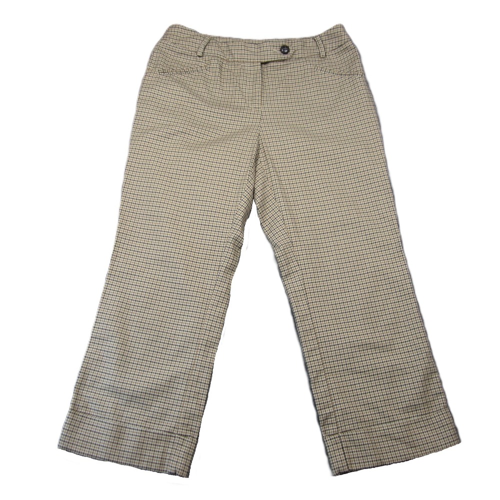 New York & Co Crop Pants 6 Tan Houndstooth Plaid Stretch Office Academia Preppy‎